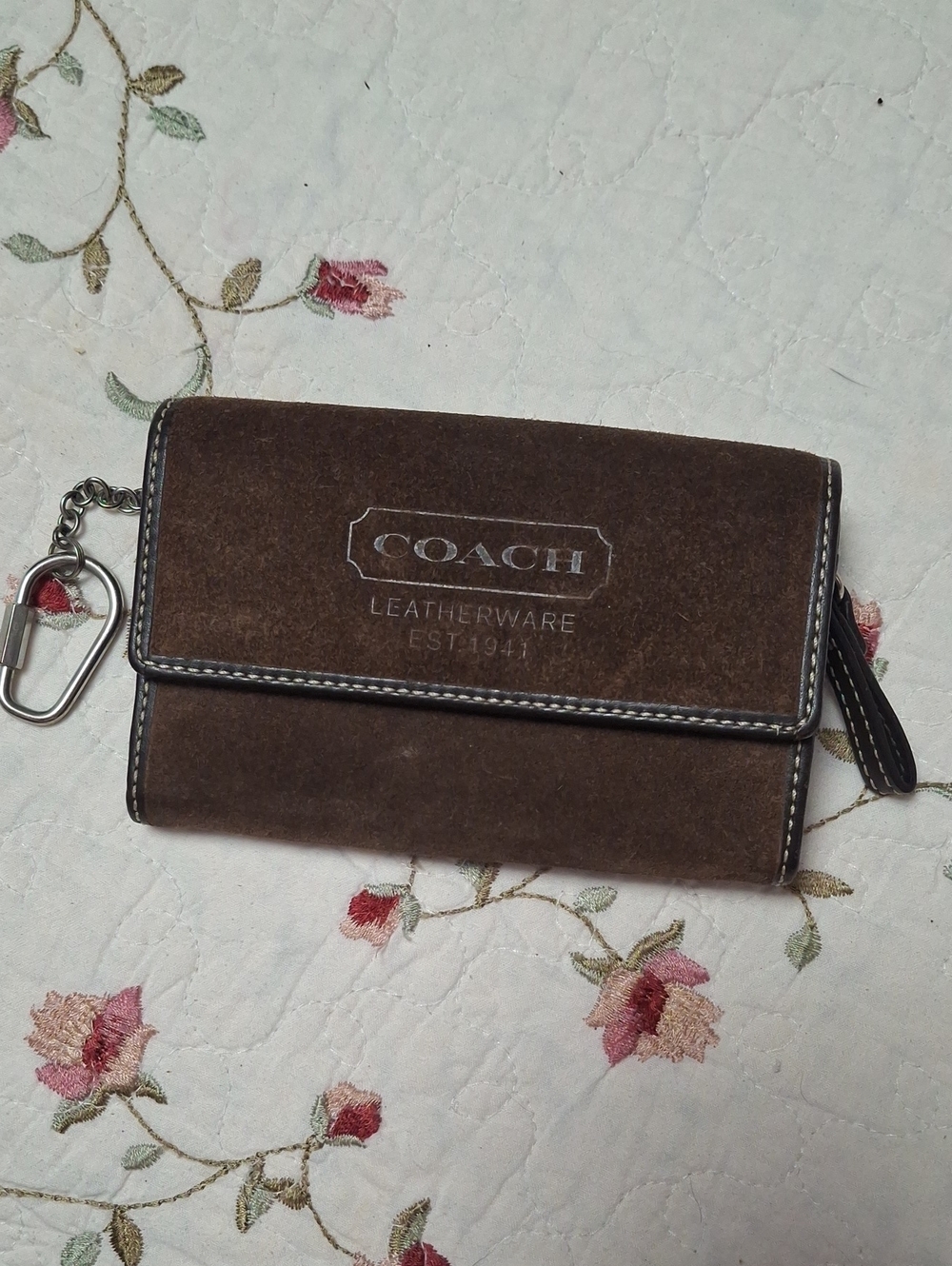COACH Brown Suede Card & Key Holder with Chain